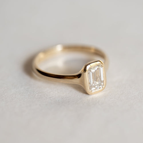 Emerald Bezel Ring, emerald cut bezel set diamond engagement ring in 14K gold