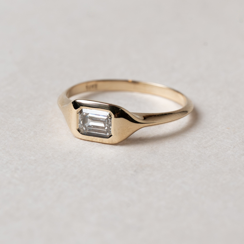 Emerald Signet Ring, emerald cut diamond signet ring in 14K gold